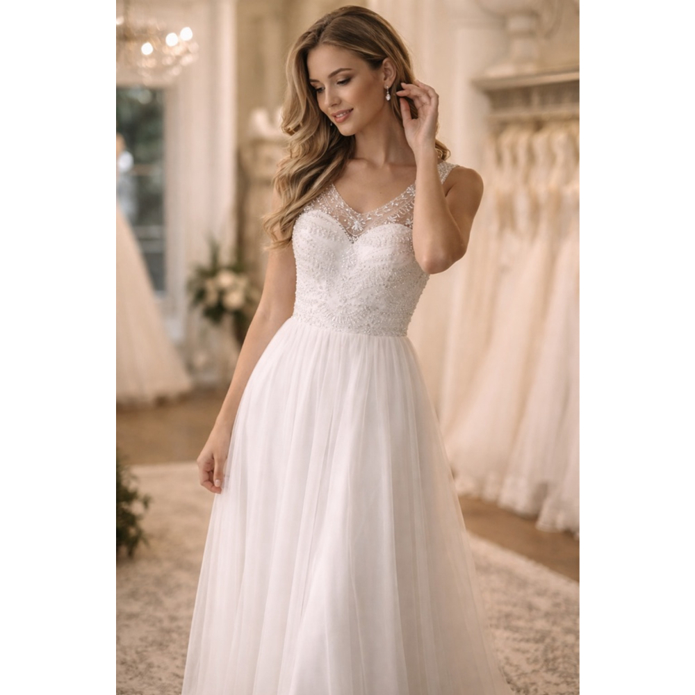 Izilady Beaded Tulle Wedding Dress White Bridal Gown Formal Maxi S NWT